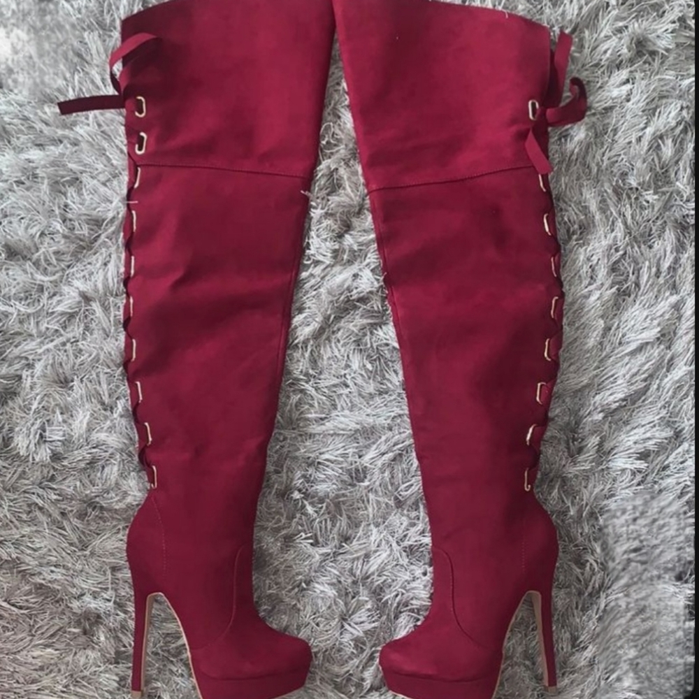 ♡ Burgundy- Over The Knee Round Toe Boots